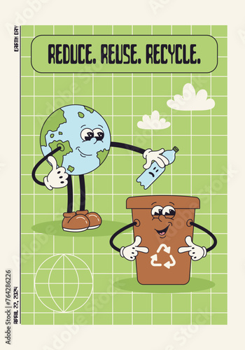 Poster for Earth Day, motivation quote.. Eco friendly vector illustration, environment protection, recycling. Retro cartoon groovy Earth planet character throwing plastic bottle in trash bin.