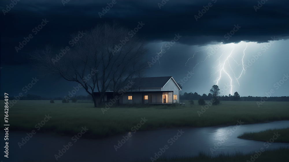 A summer landscape with a solitary house on the riverbank at night during a thunderstorm
