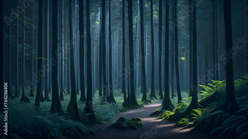 Dense overcast forest with tall, slender trees through which the sunlight penetrates