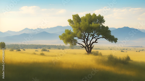 A lone tree in the steppe against the backdrop of distant mountains