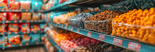 Shelves in a pet store display a range of pet food, toys, and accessories. Customers peruse the selection.