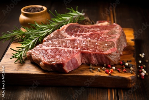 Steak in the kitchen on a wooden cutting board