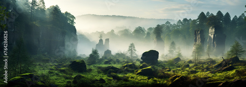Harsh summer landscape with green vegetation among tall rocky cliffs in the morning mist photo