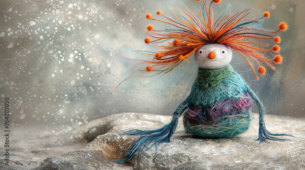 Cute whimsical felting toy with hair sticking out. A fictional fairy tale character. Handmade. Illustration for cover, card, postcard, interior design, decor or print. - obrazy, fototapety, plakaty 