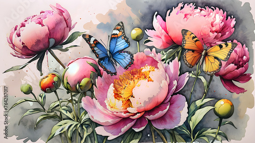 bright butterflies and peony flowers painted in watercolor