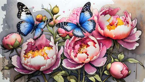 bright butterflies and peony flowers painted in watercolor