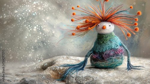 Cute whimsical felting toy with hair sticking out. A fictional fairy tale character. Handmade. Illustration for cover, card, postcard, interior design, decor or print.