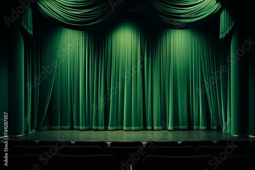 A theater stage with a vibrant green curtain set in place for an upcoming performance.