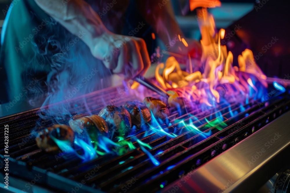 Fiery Grilling: Steak Sizzles Amongst Vivid Flames