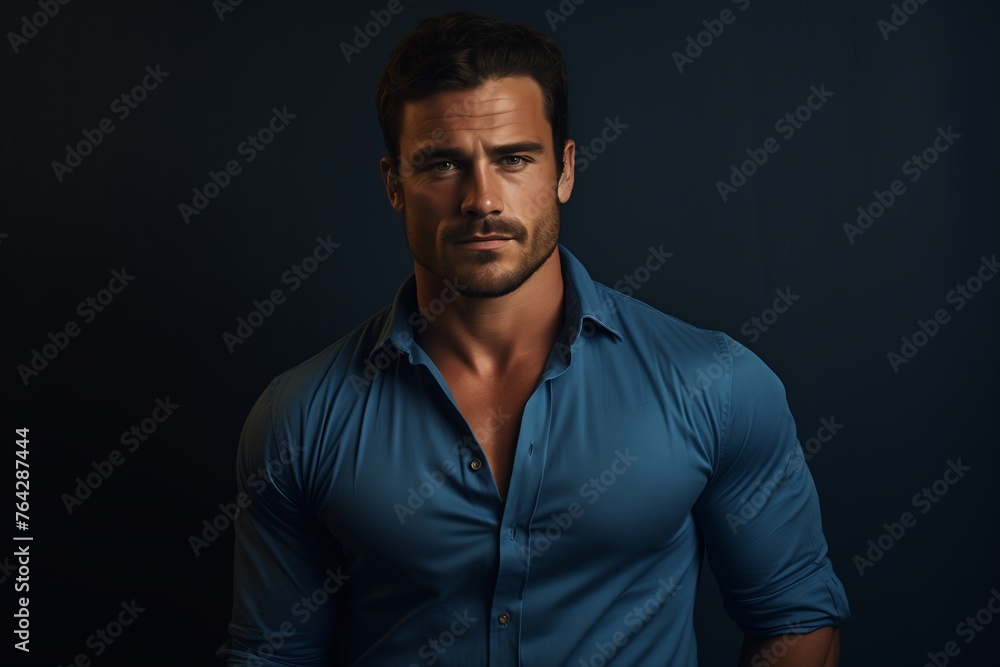A man with short, dark hair and a beard is wearing a blue collared shirt. He is looking directly at the camera. The background is a dark blue. A man with short, dark hair and a beard is wearing a blue collared shirt. He is looking directly at the camera. The background is a dark blue.