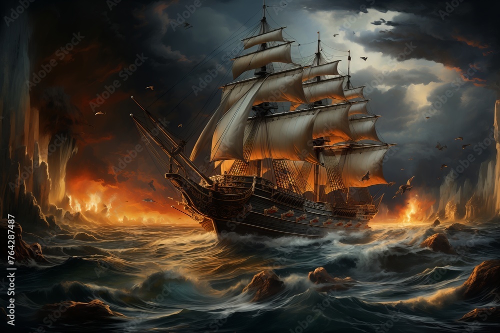 Obraz premium A tall ship sails through choppy waves under a stormy sky. The sails are full of wind, and the ship seems to be moving quickly. The water is dark and turbulent, and the sky is full of ominous clouds