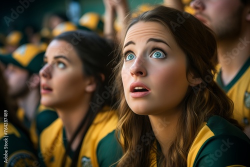 A young woman with long brown hair and blue eyes is sitting in a crowd wearing a yellow and green shirt, watching a game with a surprised look on her face.