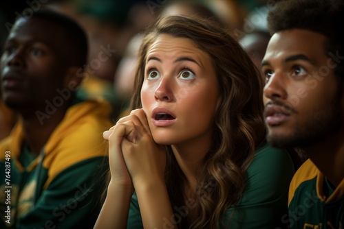 A young woman with long brown hair and blue eyes is sitting in a crowd wearing a yellow and green shirt, watching a game with a surprised look on her face.