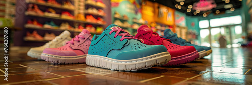 Shoe store display highlights an array of footwear, athletic shoes and sneakers.