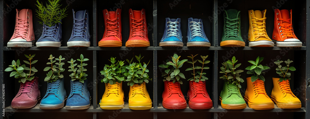 Fototapeta premium Shoe store display highlights an array of footwear, athletic shoes and sneakers.
