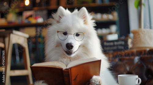 Nerd Samoyed dog reading the book. photo