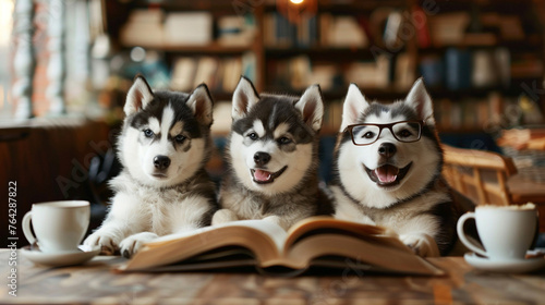 Happy Siberian husky dogs wear glasses with the book and coffee. photo