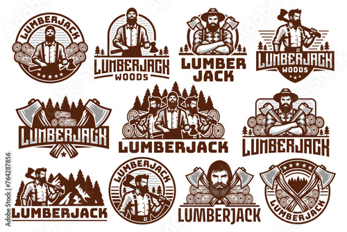 Vector set of lumberjack logo design template, retro vintage look, suitable for wood related business.