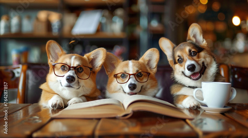 Puppy Corgi read the book in coffee shop. photo