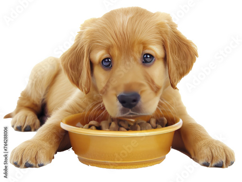 Puppy with food bowl isolated on white background, 