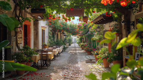 Cobblestone Street With Potted Plants and Flowers