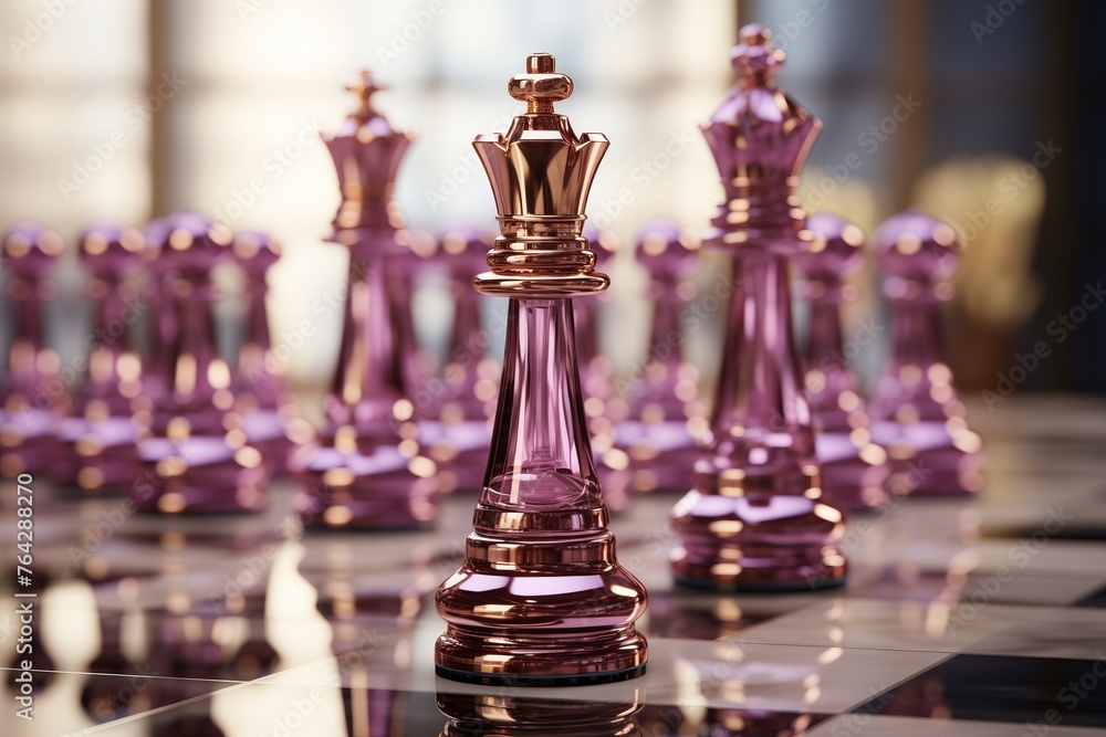 Obraz premium A golden chess set glistens on a shiny surface, showcasing intricate details and elegant design.