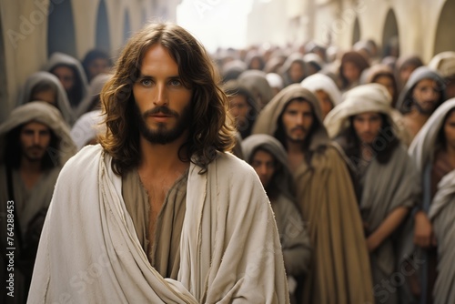 A man looks like a Jesus, wearing a white robe, walks through a crowded street in ancient Jerusalem. Other people, also wearing robes, are walking behind him and on either side.
