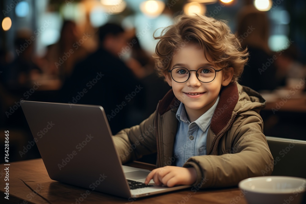 A young boy with curly blonde hair is sitting at a table. He wears glasses and a navy blue suit jacket over a white button-down shirt. He is typing on a silver laptop A young boy with curly blonde hair is sitting at a table. He wears glasses and a navy blue suit jacket over a white button-down shirt. He is typing on a silver laptop