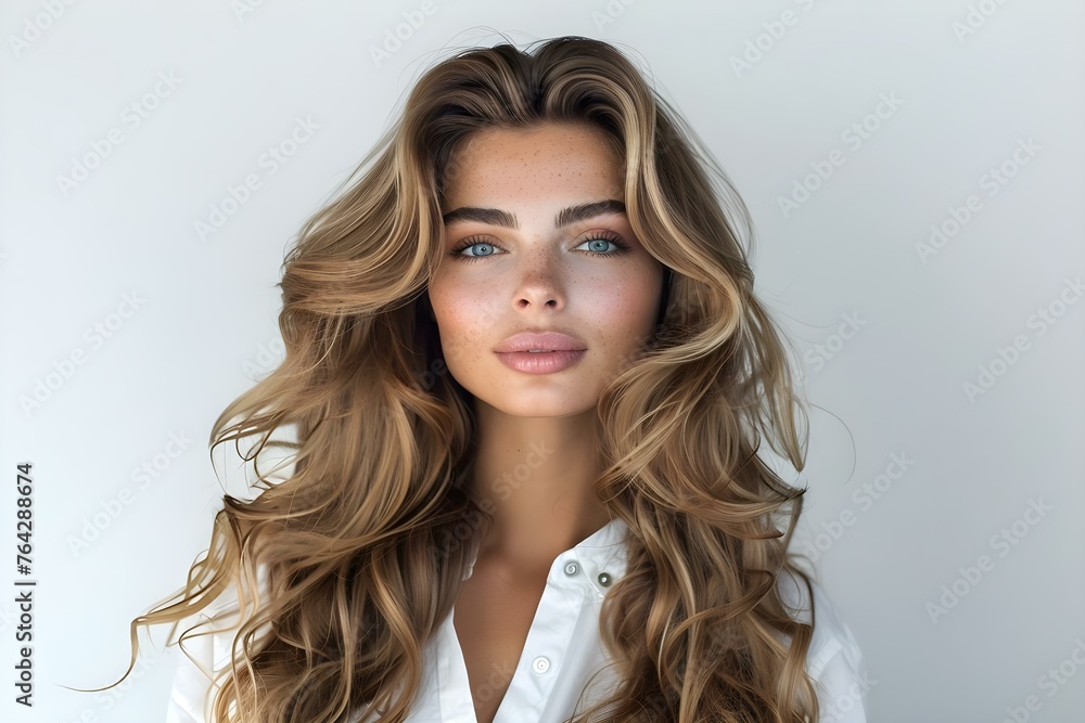 Woman With Balayage Hair On White Background. Concept Beauty Portraits, Balayage Hair, White Background, Elegant Poses Woman With Balayage Hair On White Background. Concept Beauty Portraits, Balayage Hair, White Background, Elegant Poses
