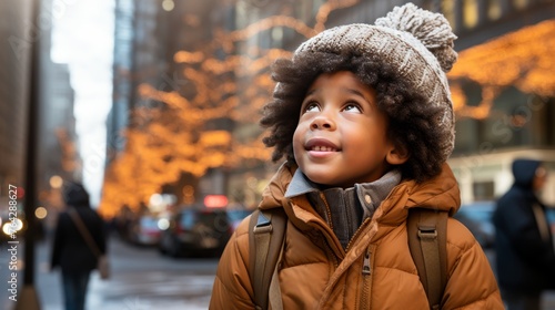 Child in winter event, wearing sweater and hat, amazed by festive lights and huge christmas tree
