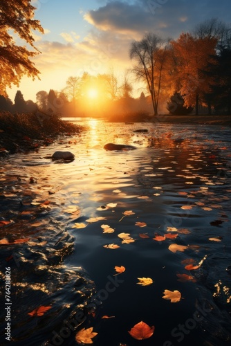 Sun sets over a river as leaves float on the water