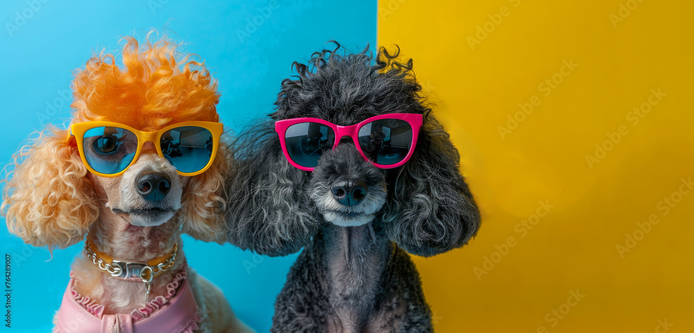 Two poodles wearing sunglasses and pink and blue hair. Scene is playful and fun. Two lovely poodles wearing sunglasses with vibrant colored frames and colorful hair, adorned with vintage accessories