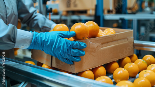 Orange fruit in packing line production industry factory. © Sun