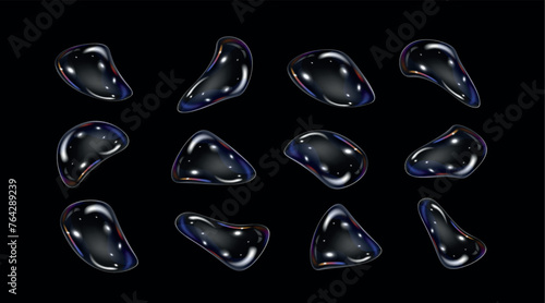A set of transparent shapes in the form of bubbles flowing with gradients. Vector illustration. Isolated. Abstract liquid shape refraction. 3d glass. Render. Soap