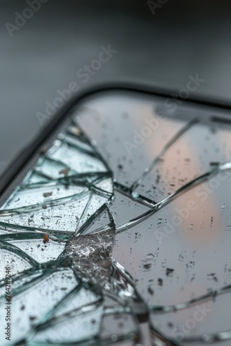 cracked smartphone screen, the break starting from the corner and branching out across the display, close up