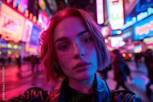 Young Woman Captures the Neon Glow of Times Square at Night