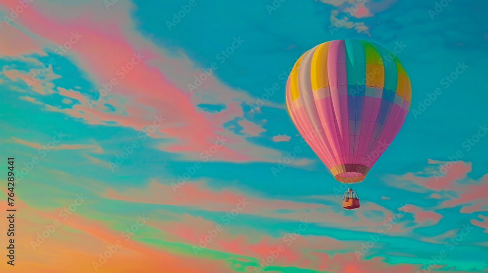 Fototapeta premium Colorful hot air balloons flying in blue sky, adventure and travel, aerial freedom view