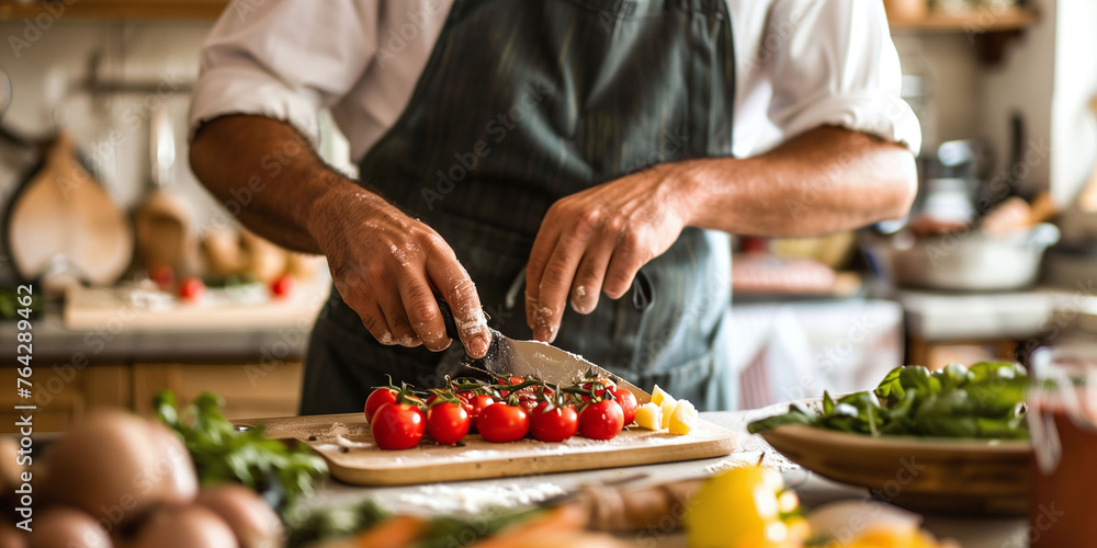 Chef Preparing Fresh Tomato and Herb Garnish Chef Preparing Fresh Tomato and Herb Garnish