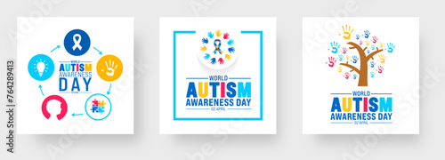 2 April world Autism Awareness Day social media post banner design set. Autism Awareness Day banner bundle with puzzle piece, child hand, awareness ribbon, love icon, child girl and boy vector design.