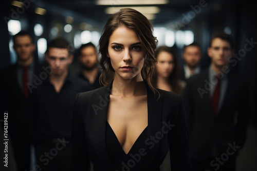 A woman confidently stands in front of a diverse group of men, engaging in conversation or leadership.