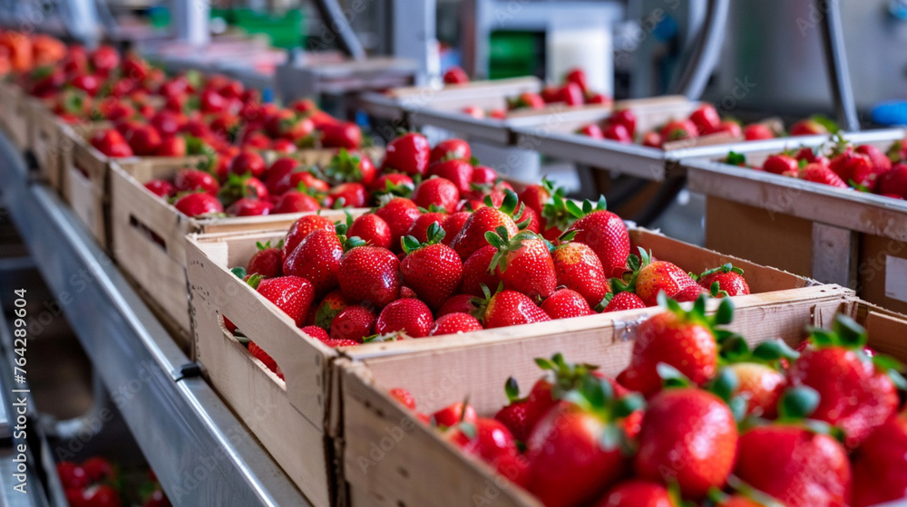 Strawberry fruit wooden box in line production industry factory. Strawberry fruit wooden box in line production industry factory.
