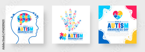2 April world Autism Awareness Day social media post banner design set. Autism Awareness Day banner bundle with puzzle piece, child hand, awareness ribbon, love icon, child girl and boy vector design.
