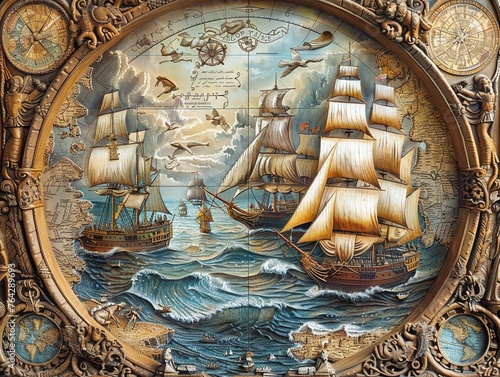 Bring the Age of Exploration to life with a wide-angle view that captures the essence of discovery and adventure Illustrate a dynamic scene filled with ships, maps, and explorers, transporting viewers