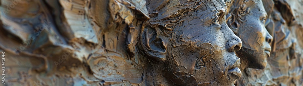 Capture a thought-provoking low-angle image of a sculpture or mural that symbolizes societys struggle for equality Emphasize the grandeur and power of the artwork to convey a strong message on social 