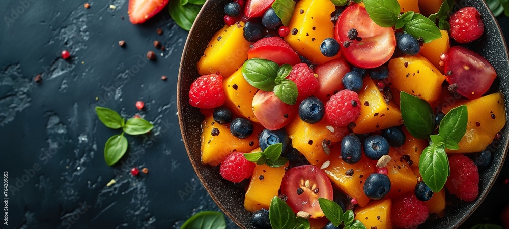 organic salad featuring strawberries, tomatoes, citrus, and mint leaves, highlighting the essence of healthy, fresh food on a lush background organic salad featuring strawberries, tomatoes, citrus, and mint leaves, highlighting the essence of healthy, fresh food on a lush background