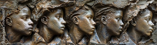 Capture a thought-provoking low-angle image of a sculpture or mural that symbolizes societys struggle for equality Emphasize the grandeur and power of the artwork to convey a strong message on social 