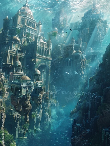 Craft a visually stunning image of an underwater city, illustrating the coexistence of futuristic architecture with the natural beauty of the ocean Emphasize the challenges faced by inhabitants and th © panyawatt