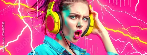 DJ Vibes: Stylish Woman in Headphones Digs Music with Pink Lightning