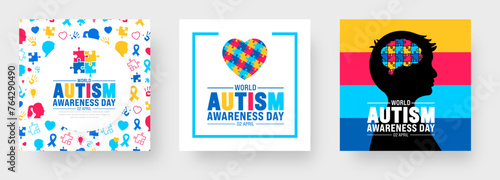2 April world Autism Awareness Day social media post banner design set. Autism Awareness Day banner bundle with puzzle piece, child hand, awareness ribbon, love icon, child girl and boy vector design.