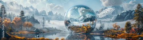 Design a sleek and modern die-cut image of a futuristic personalized weather dome showcasing different weather conditions in a panoramic view Emphasize a seamless blend of technology and nature to cap